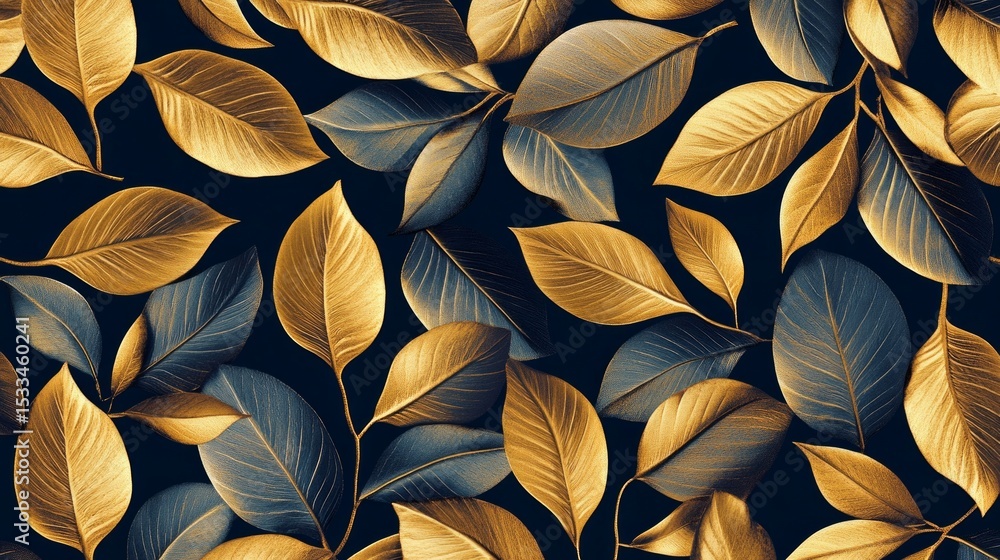 A leafy patterned background with gold and blue leaves A leafy patterned background with gold and blue leaves