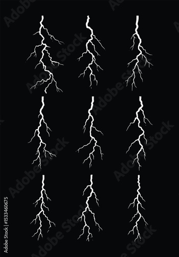 A collection of nine white lightning bolt variations on a black background, showcasing electric energy in sharp, branching forms.