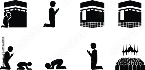 Hajj Pilgrimage and Prayer Rituals Icon Set