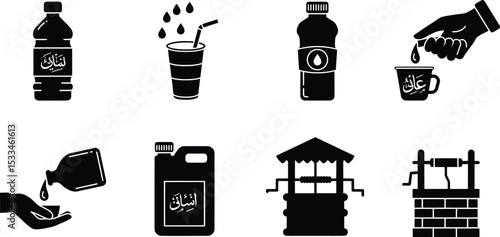 Islamic Holy Water (Zamzam) and Well Icon Set