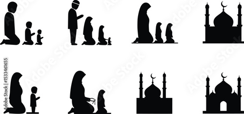 Muslim Family Praying Together (Salah) Icon Set