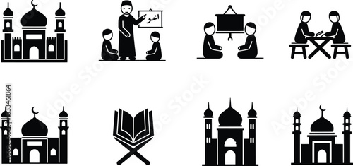 Islamic Culture Vector Illustration Mosque, Quran, and Education