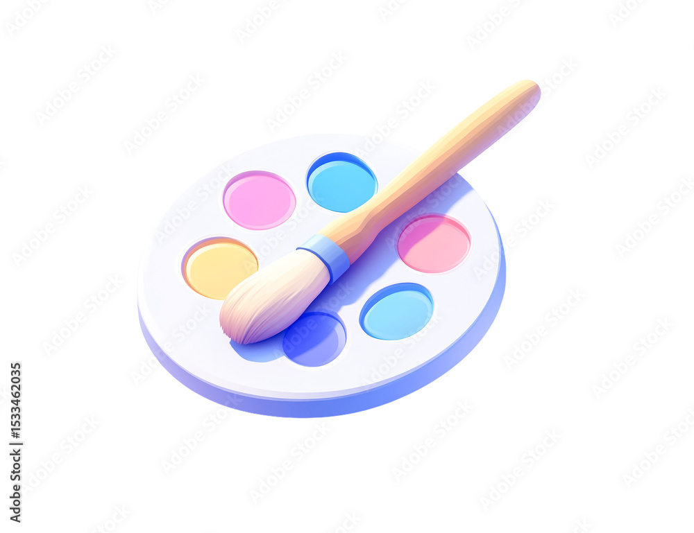 Pastel paintbrush resting on a round palette with six colorful paint wells; transparent background Pastel paintbrush resting on a round palette with six colorful paint wells; transparent background