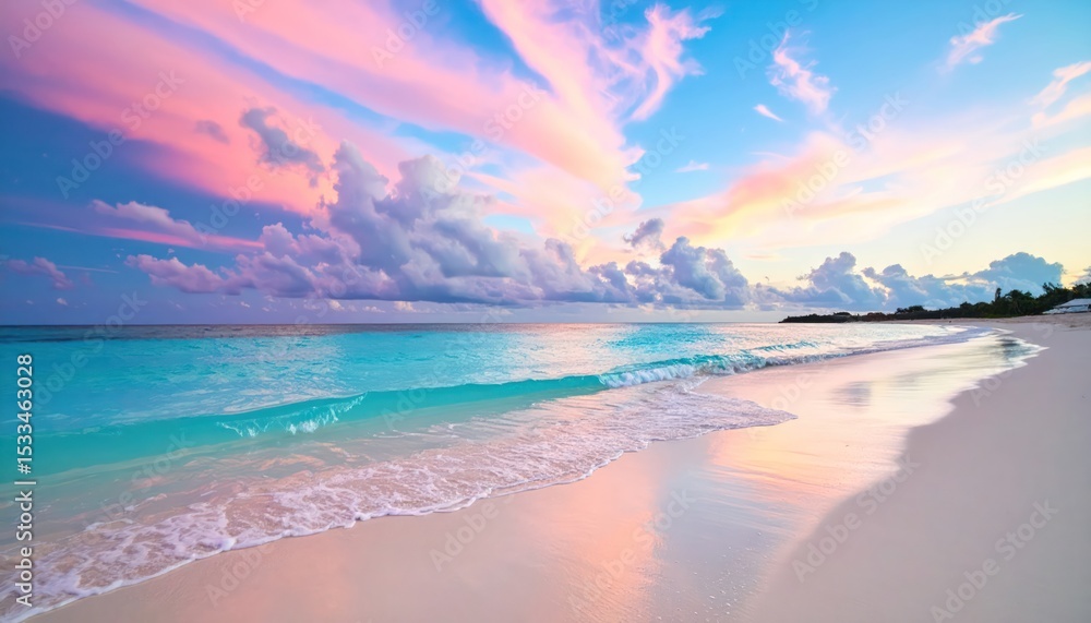 Fototapeta premium Tropical Beach at Sunrise with Pink and Blue Sky Reflections on Calm Sea Shore