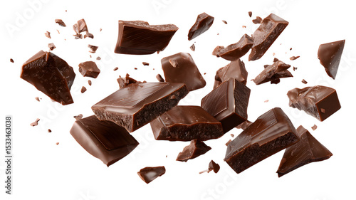 Dark chocolate chunks falling against a black background showing delicious treats and food concepts isolated on white transparent background PNG cutout
