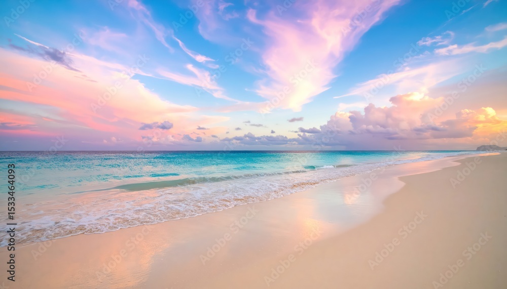 Fototapeta premium Tropical Beach at Sunrise with Pink and Blue Sky Reflections on Calm Sea Shore