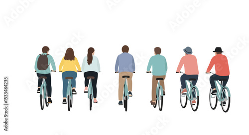 Group Cycling: Back View of Cyclists on White Background