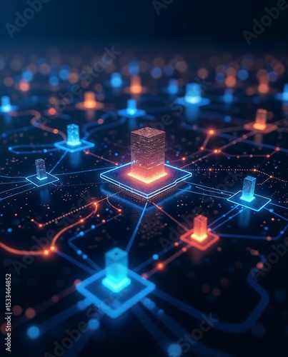 Neon Blockchain Matrix – Glowing 3D Data Nodes in Cybernetic Space – Ultra HD Macro Sci-Fi Photography (High-Contrast Cryptography Visualization, Futuristic Web3 Concept)