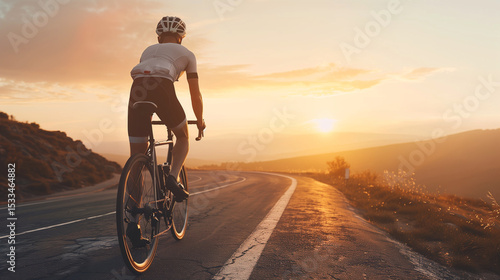 Cyclist Riding in Countryside at Sunrise