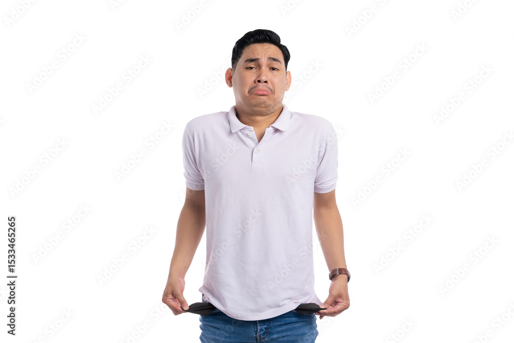Fototapeta premium Sad man showing empty pockets with hopeless expression isolated on transparent background representing financial crisis or bankruptcy