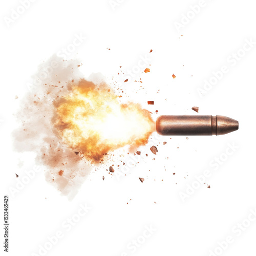 A bullet is shot out of a gun, leaving a trail of smoke and debris in its wake
