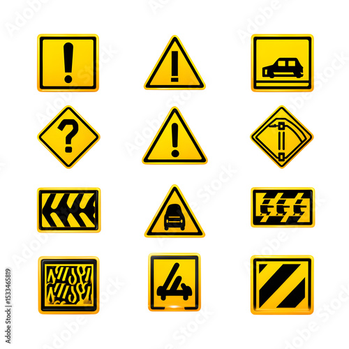 Free Download Collection of bright yellow road signs including warning symbols and hazard indications for road safety and travel awareness isolated on white transparent background PNG cutout
 - GFXLoad