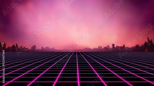 A futuristic cityscape silhouette is set against a vibrant pink and purple sunset, with a prominent retro-style grid pattern in neon pink and blue extending from the foreground towards the city.