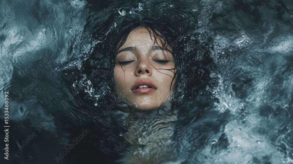 Fototapeta premium Serene immersion: Woman floating in calm waters with eyes closed in tranquility