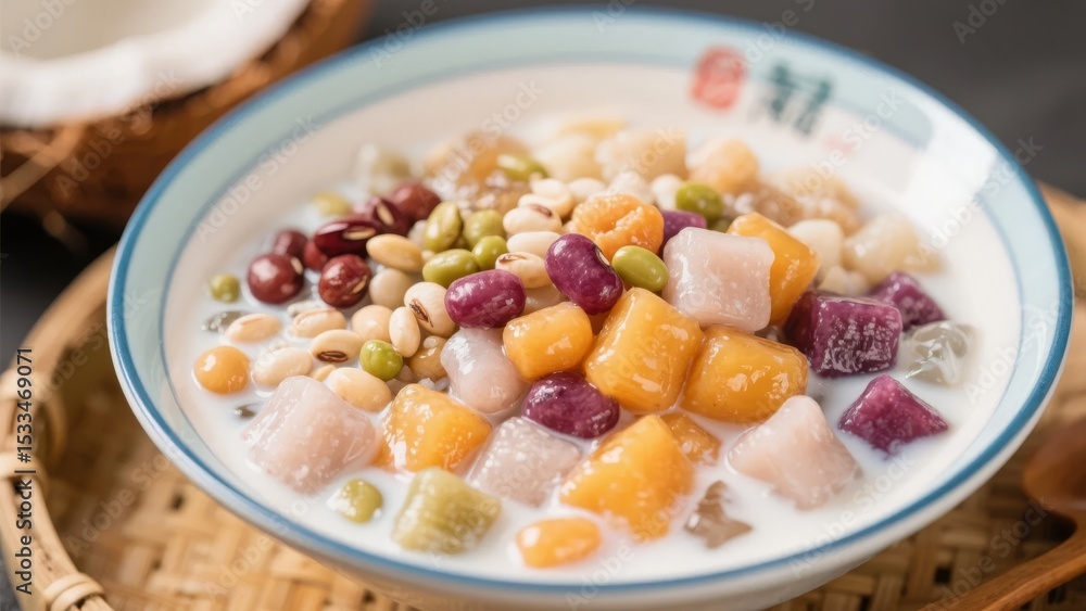 A bowl of colorful sweet dessert with milk, taro balls, beans, and fruits A bowl of colorful sweet dessert with milk, taro balls, beans, and fruits