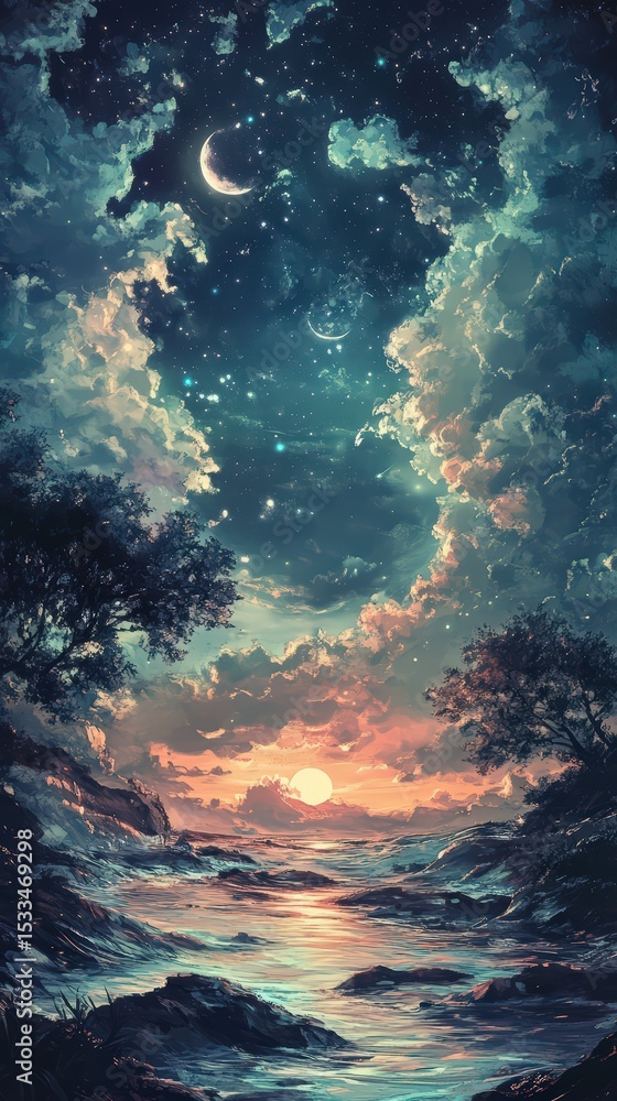 Fototapeta premium Serene nocturnal seascape with celestial glow amidst trees and rocky shores