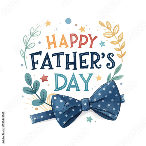 Happy Father's Day Greeting Card with Bow Tie and Leaf Art Design

