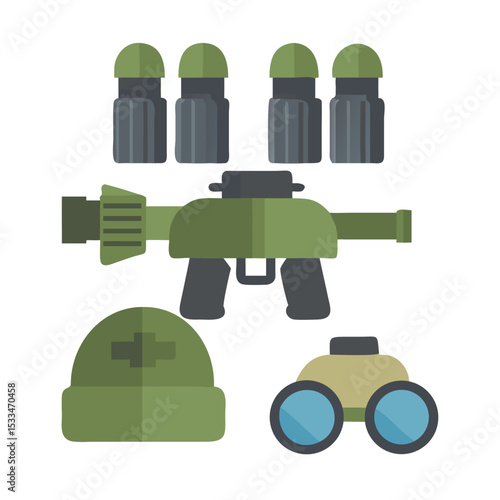 Flat Illustration Military Equipment Set for Soldier, War, Defense and Attack