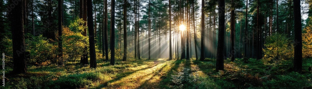 Obraz premium Nature escape through therapy with serenity and peace concept. Sunlight filtering through trees in a serene forest landscape.