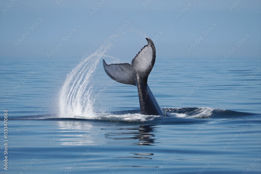 Fototapeta premium Humpback Whale Tail Splashing in Calm Ocean Waters Under Clear Sky