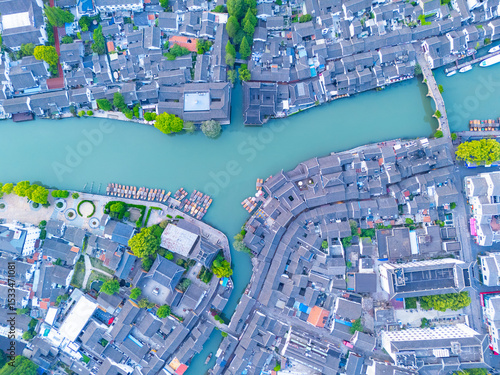 Aerial view of Shanghai Qingpu Zhujiajiao ancient town on sunny day.