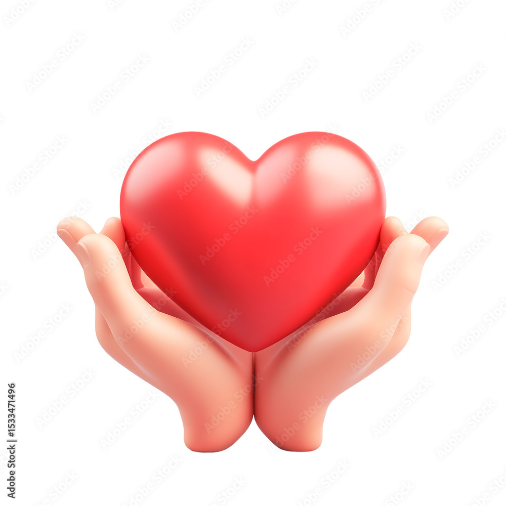 Obraz premium 3D Render of Two Hands Gently Holding a Red Heart, Transparent Background