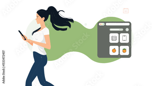 A minimalist illustration featuring a person holding a smartphone in their hand, walking towards the right. The person has long black hair tied in a ponytail and is wearing a white top and dark pants.