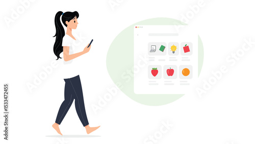 A minimalist illustration featuring a person holding a smartphone in their hand, walking towards the right. The person has long black hair tied in a ponytail and is wearing a white top and dark pants.