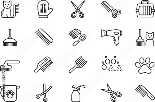 Pet Grooming Icons Line Art Set for Design