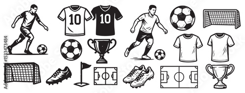 Soccer and Football Set with Player, Ball, Jersey, Cleats, Goal, and Trophy Vector Illustration