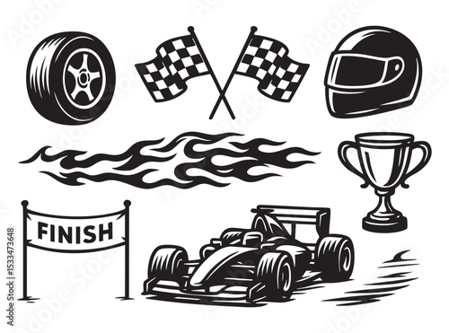 Racing Set with Formula Car, Helmet, Trophy, Finish Flag, and Flame Vector Illustration