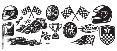 Racing Set with Formula Car, Helmet, Trophy, Finish Flag, and Flame Vector Illustration