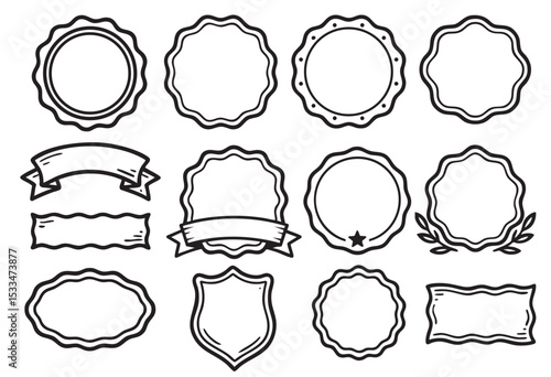 Vintage Label Frame Set with Ribbon, Badge, and Border Shapes Vector Illustration