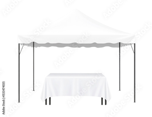 White canopy tent with draped table, isolated on transparent background, perfect for event planning, trade show, or market stall mockup.