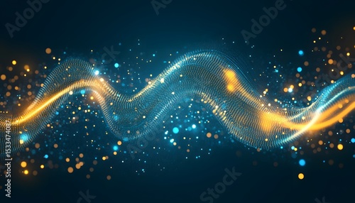 Abstract design with glowing particles in shades of blue and gold.