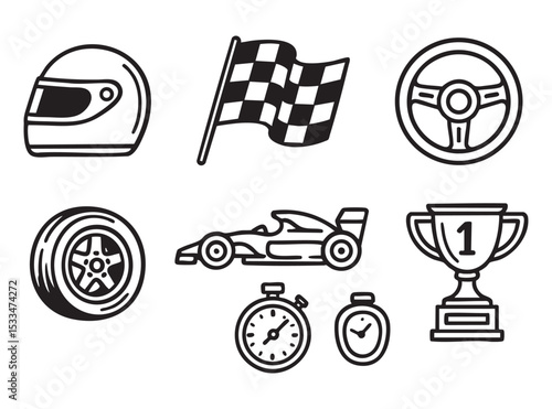 Racing Icon Set with Helmet, Checkered Flag, Stopwatch, Steering Wheel, and Trophy Vector Illustration