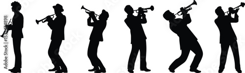 Silhouette set of trumpet players. Jazz musical instrument of trumpeter silhouette isolated on white background. Vector Illustration