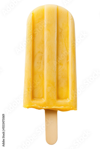 Frozen yellow popsicle or ice cream bar on wooden stick isolated on transparent background