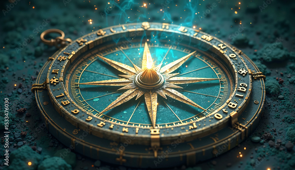 Obraz premium Celestial Compass with Rotating Magical Glyphs on Dark Teal Background, Enchanted Navigation Artifact