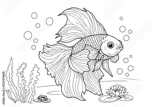 cute betta fish cartoon outline line art vector illustration for coloring page for chidren's kids, transparent background