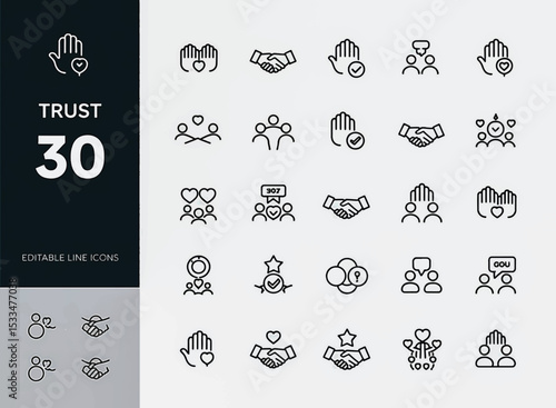 Editable Trust Icons 30 Honesty & Integrity Line Art Vector Illustrations