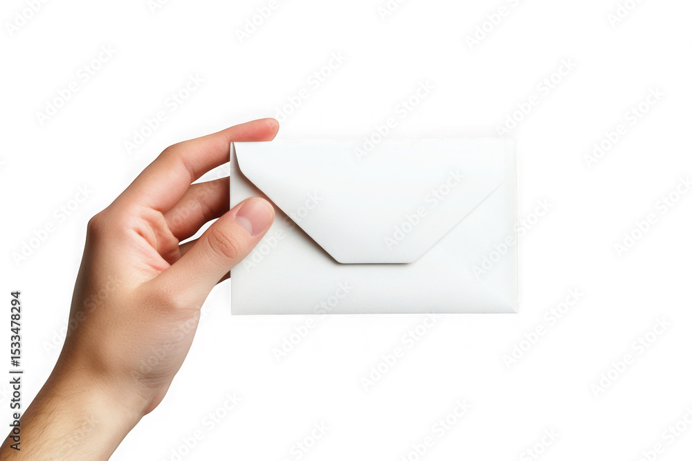 Fototapeta premium Hand holding white envelope invitation mail letter communication message delivery postal send receive isolated on transparent background