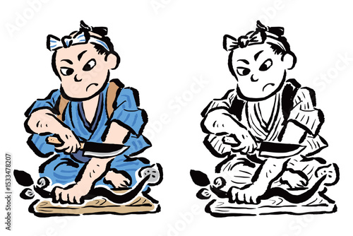 鰻をさばこうと包丁を向ける江戸の男性　カラー・線画セット