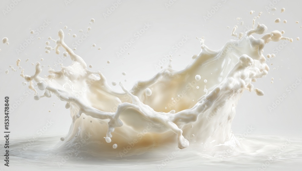 A dynamic splash of creamy white liquid, frozen mid-air, creates an elegant, swirling crown on a light gray background A dynamic splash of creamy white liquid, frozen mid-air, creates an elegant, swirling crown on a light gray background