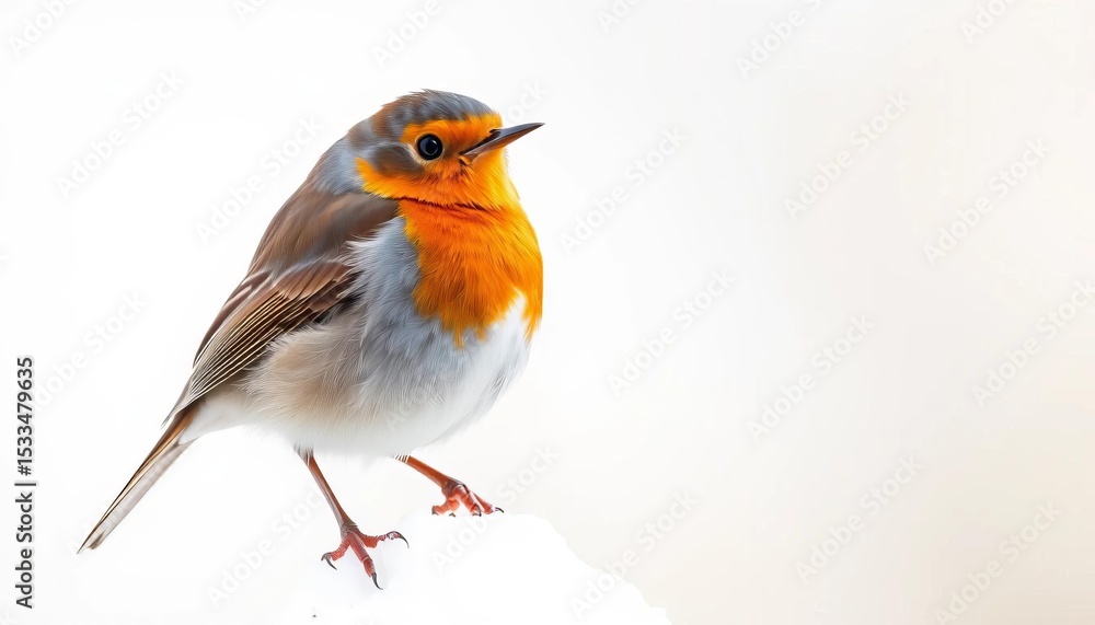 Fototapeta premium A vibrant European robin, Erithacus rubecula, perched on a white background, studio, branch