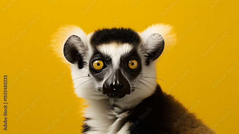 Playful lemur with striking black and white fur bright yellow background photography studio close-up nature Playful lemur with striking black and white fur bright yellow background photography studio close-up nature