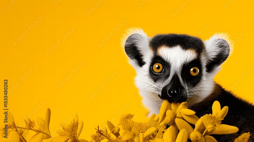 Obraz premium Playful lemur with striking black and white fur tropical background portrait colorful environment close-up view wildlife concept