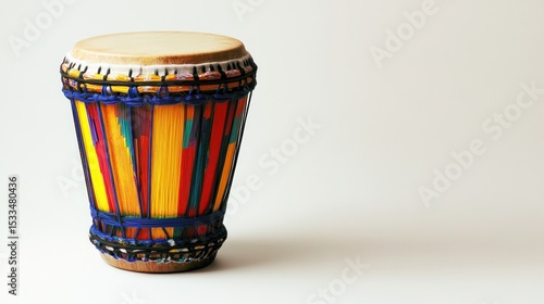 A bongo drum with vibrant colors, leaving ample space on the right for text, set against a white background