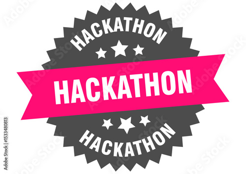 hackathon. hackathon round pink label isolated on transparent background