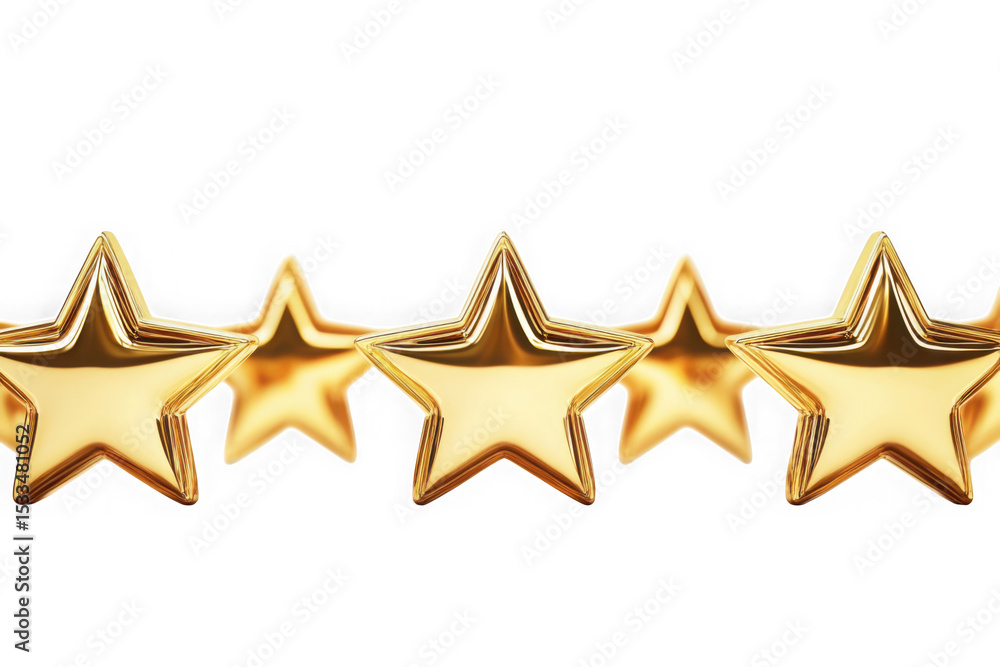 Fototapeta premium Five golden stars vector illustration, rating system, achievement, success, quality, award, isolated on transparent background